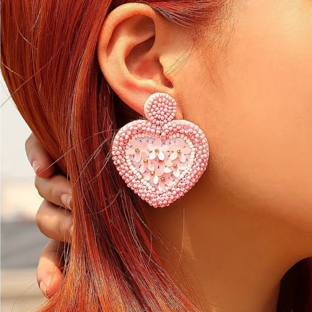 Pink Floral Beaded Heart Earrings